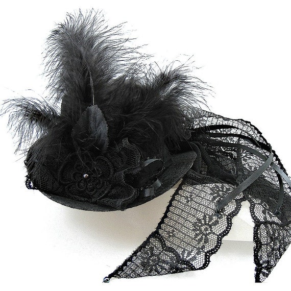 Black Victorian MINI TOP HAT..... Black Feathers Lace and