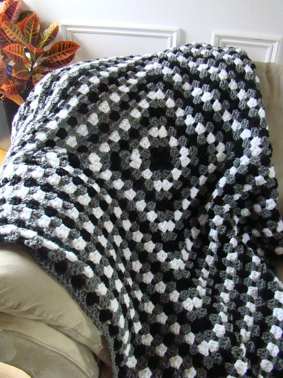 Items similar to Afghan - Granny Square Blanket in Black White and Gray