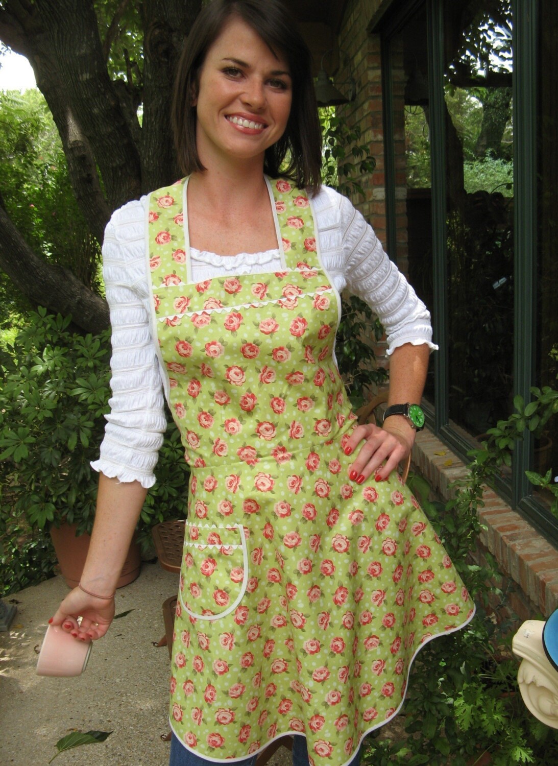 Flirty Everyday Housewife Apron lime and rose retro full