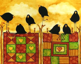 Quilt Crow Blackbird Raven Whimsical Debi Hubbs Folk Art Quilting Quilt