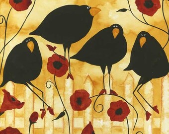 Poppy Flowers Crow Blackbird Raven Debi Hubbs Folk Art Whimsical Garden