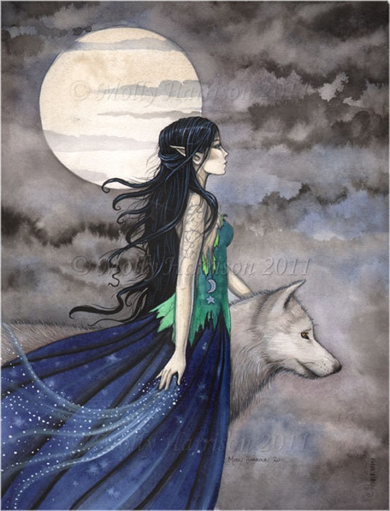 Witch with Wolf Gothic Fantasy Fine Art Print by Molly