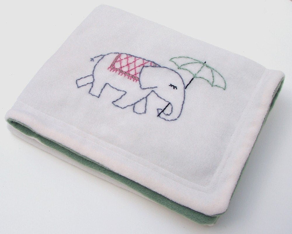 Hand Embroidered Elephant Baby Blanket Ivory and Sage