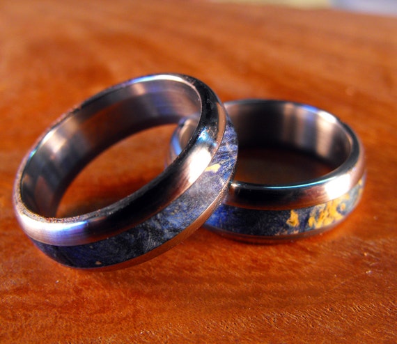 Titanium Wedding Band Set- Blue Box Elder Wood Inlay Rings