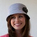 Pippa Cloche Hat, Womens Hat - Grey and White Cotton with Linen Flower