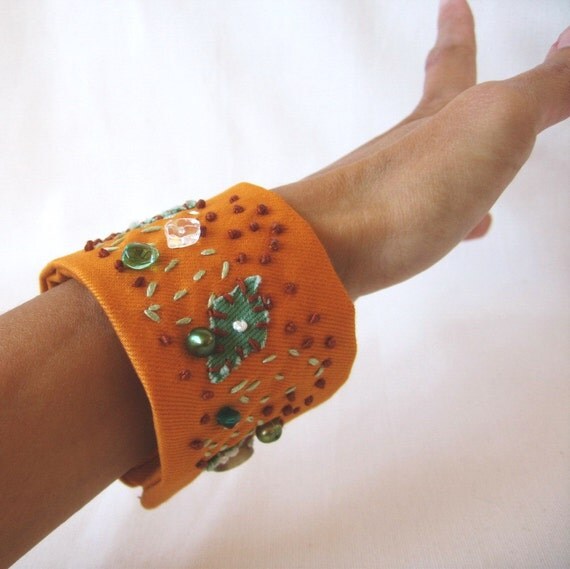 Green Leaves Falling. fabric wrist cuff