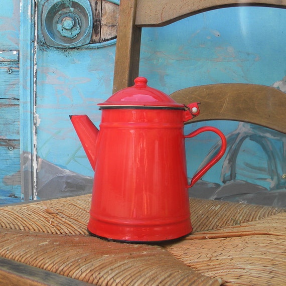 Vintage red enamel pitcher or coffee pot