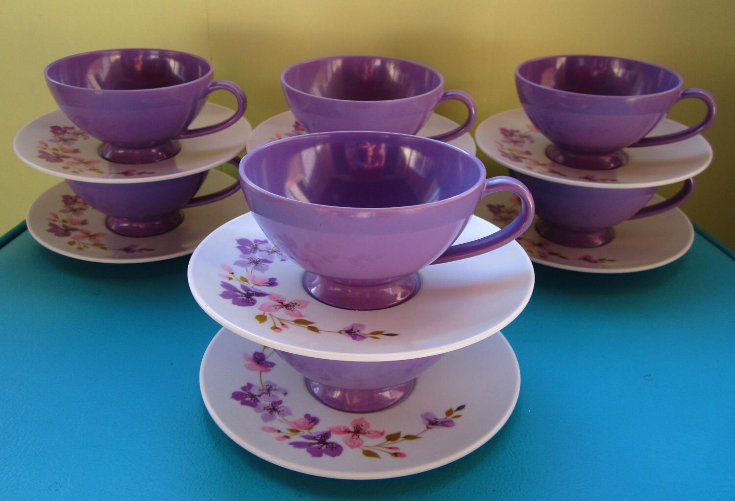 8 vintage purple melmac cup and saucer set Texas Ware