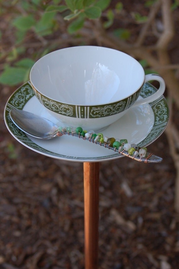 Vintage Tea Cup BIRD FEEDER or BIRD BATH with Beaded Spoon