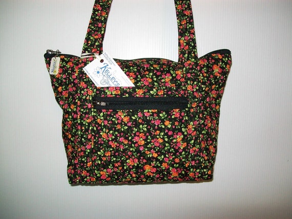 Quilted Fabric Handbag Black with Bright Floral Design