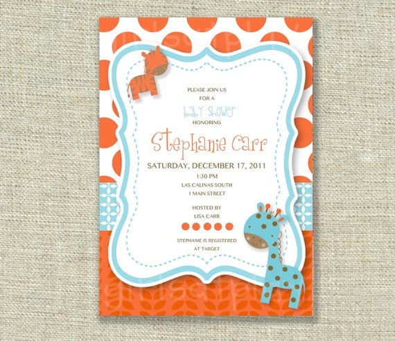 Baby Boy Shower Invitation Jungle Zoo Animal Print Tangerine Orange Tiffany Blue Printable -by girls at play girlsatplay Il_570xn