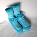 SlipperSocks, Handknitted, Striped Aqua and White, Womens 9 or Mens 8