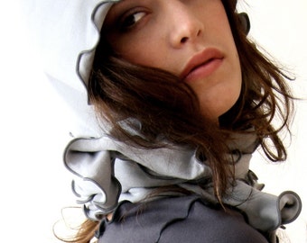 HOODY SCARF women's accessory| soft scarf| jersey scarf| handmade| hooded| light grey scarf| ruffled scarf| hat| women's clothing| scarves