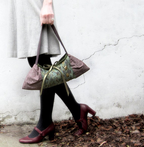 Knitted bag mint green chocolate brown wool olive cotton purse