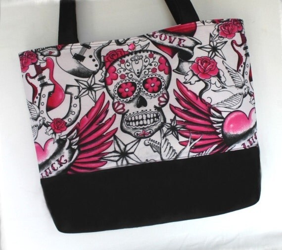 Pink Skulls Hearts Tattoo purse tote Bags by April
