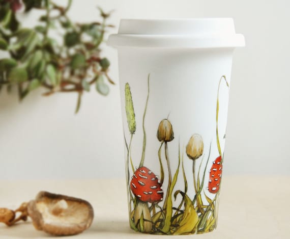 Illustrated White Ceramic Travel Mug Double Walled Porcelain with Lid  - Shrooms and Grass Collection - made to order