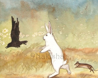 Original Watercolor Rabbit Painting - Little White Rabbit , Crow and Mouse