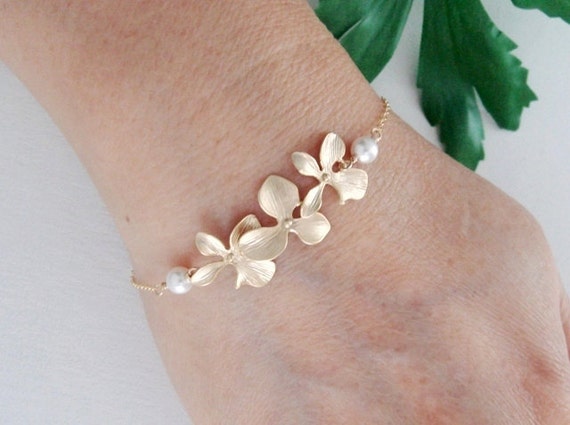 Trio Orchid Flower and White pearls GOLD Fill bracelet, Bridal, Simple ...