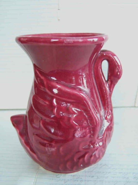 VINTAGE Burgundy Pottery SWAN vase