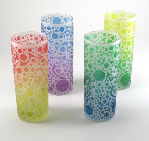 Highball Glasses Bubbling Arrows Frosted Style Set of 4