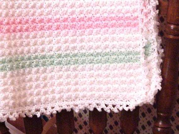 Crocheted Pink Green and White Baby Blanket by handmadebyartie