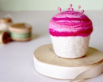 Pincushion - Strawberry Swirl Cupcake, Felted Wool