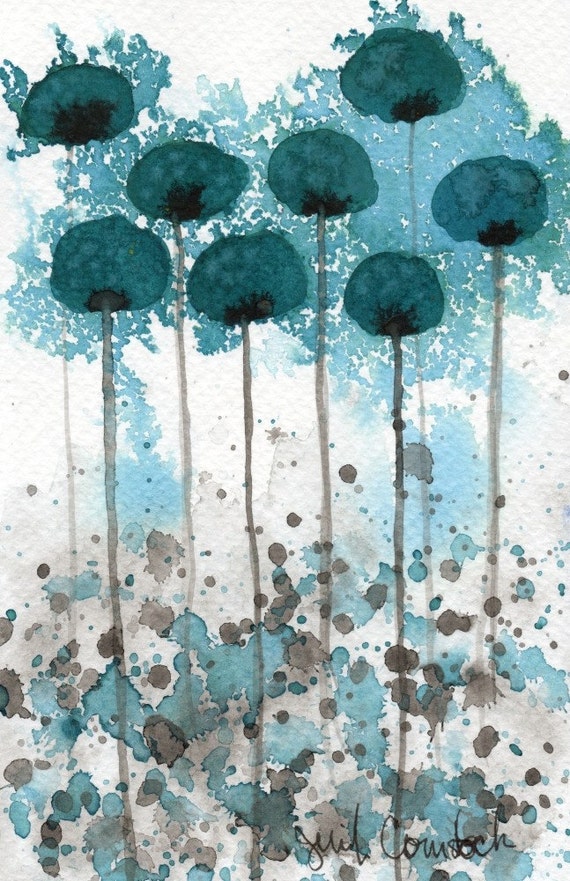 Vibration Teal Flowers Original Watercolor Painting 4x6