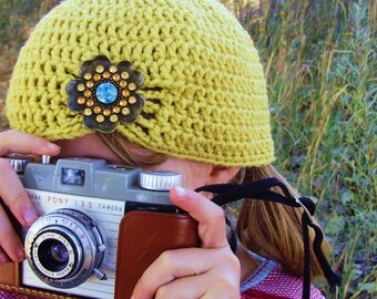 Mustard Yellow Flapper Style Cloche Hat - Design your own hat with colors and brooches - Winter Hats for Women and Baby Girls