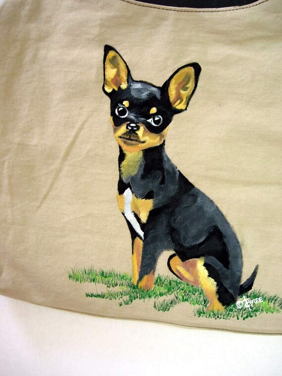 CHIHUAHUA BEACH BAG - tote purse black dog art hand painted painting ...