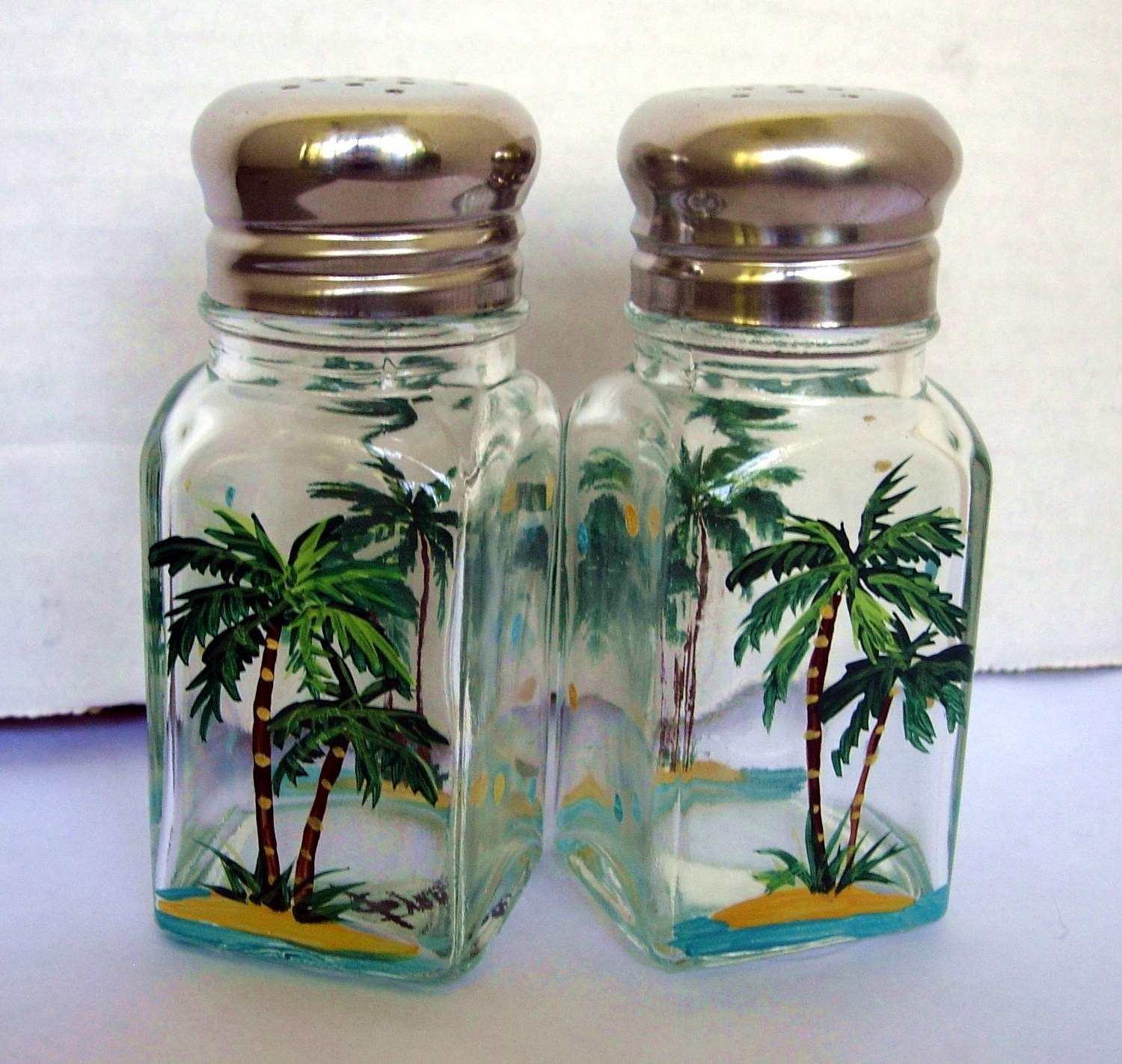 PALM TREE SALT AND PEPPER SHAKERS handpainted glass art
