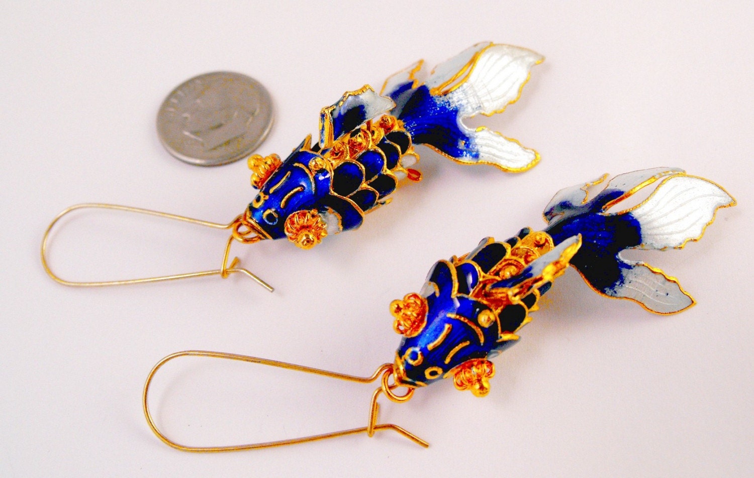 Vintage Articulated Blue Fish Koi Charm Pendant Cloisonne