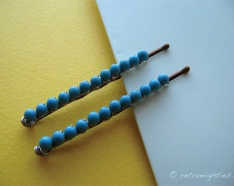 Mini Turquoise - Beaded and Wire Wrapped Bobby Pins (Small-Size) with Tiny Turquoise Round Stone Beads