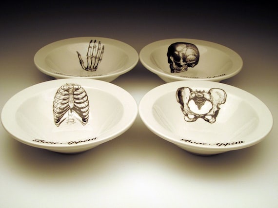 BONE APPETIT cereal bowl Set of 4 skeletal images