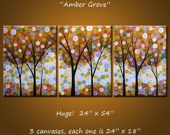 Extra Large Wall Art Triptych Abstract Painting Modern Contemporary Landscape Trees ... 24" x 54", 3 canvases .... Amber Grove