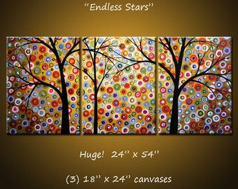 Extra Large Wall Art Triptych Original Large Abstract Painting Modern Contemporary Landscape Trees // 24" x 54" // "Endless Stars"