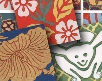 200-year-old Damask and Kimono Fabric in 1-inch squares -- piddix digital collage sheet 602