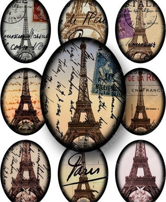 Framed French Ephemera in 30x40 mm ovals for pendants and more