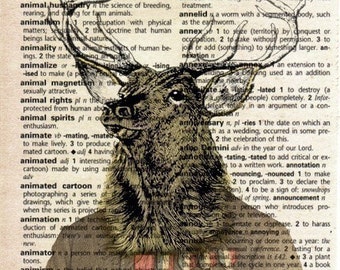 Antique Print on Vintage Dictionary Page - Stag