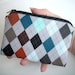 SALE Padded Coin Purse Eco Friendly Gray Argyle Little Zipper pouch cell phone Gadget Case
