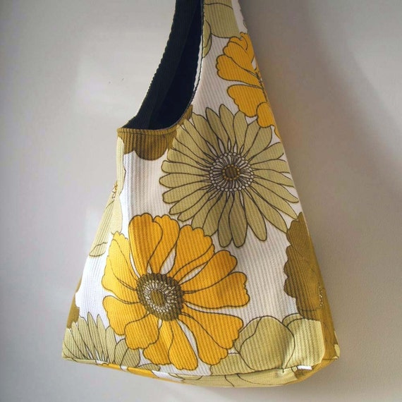 Mustard yellow and sage green vintage fabric Dilly tote HALF