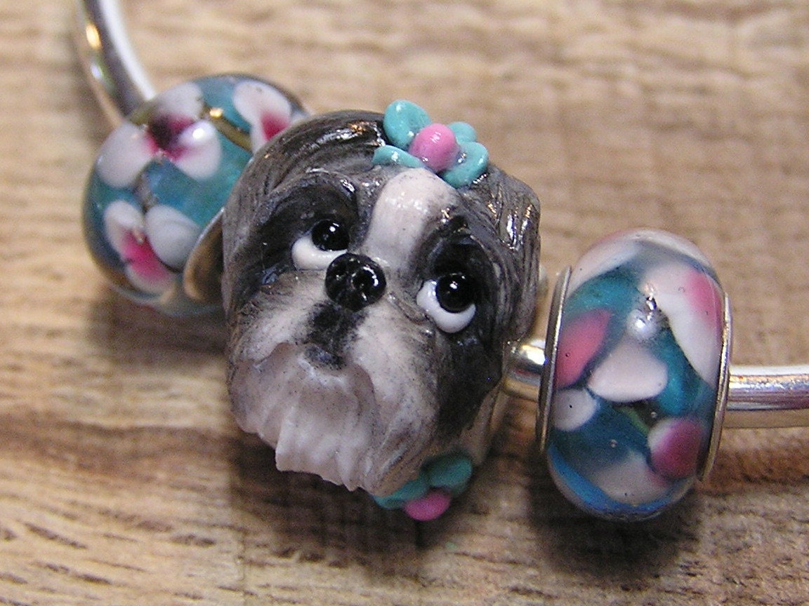 Shih Tzu Floral Polymer Clay Dog Pandora Style European Beads