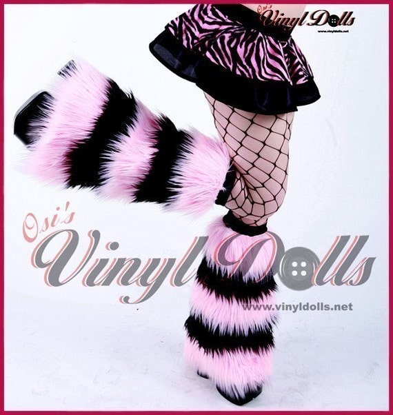Go Go Dancer Fluffies Raver FURRY LEG WARMERS Stripy Baby Pink