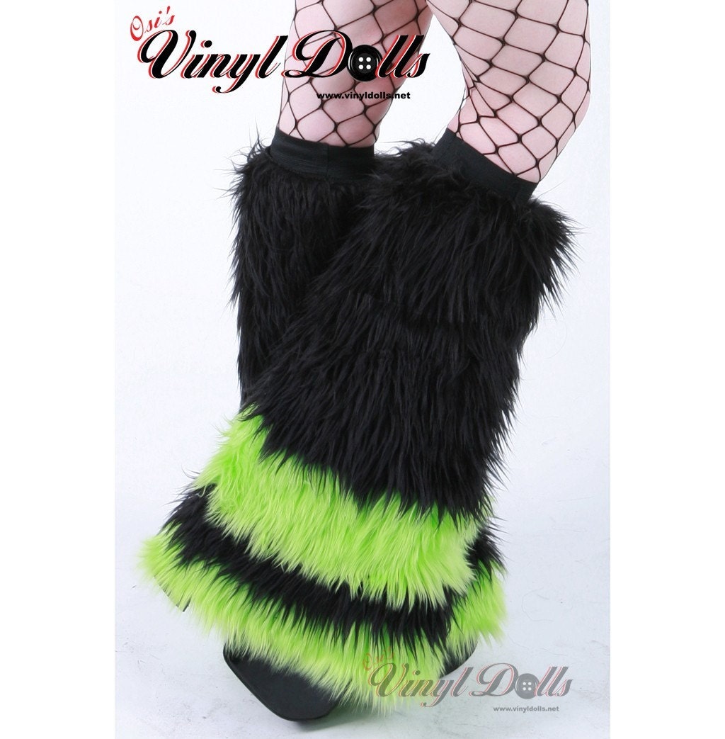 Cyber Goth 4 Tone Black / UV LIME Furry Leg Warmers Fuzzy