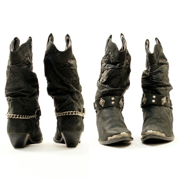 sz 7.5 Metal Toe Tip Slouchy Cowboy Boots with Ankle Harness