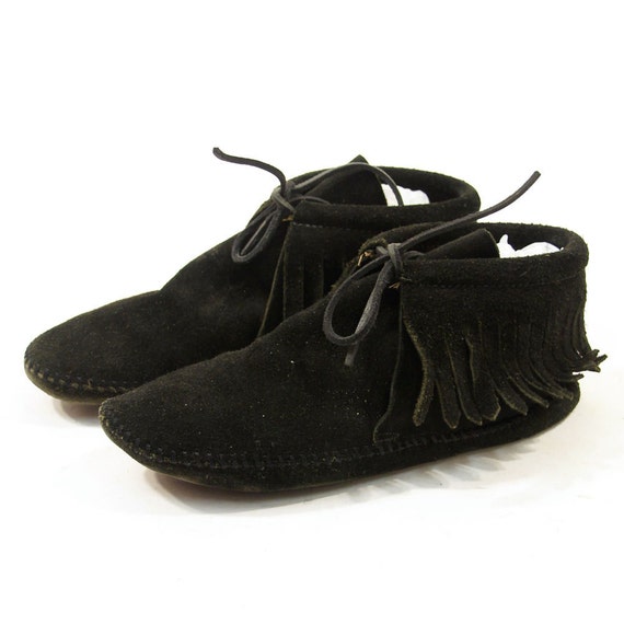 Minnetonka Ankle Moccasins with Fringe in Black Suede