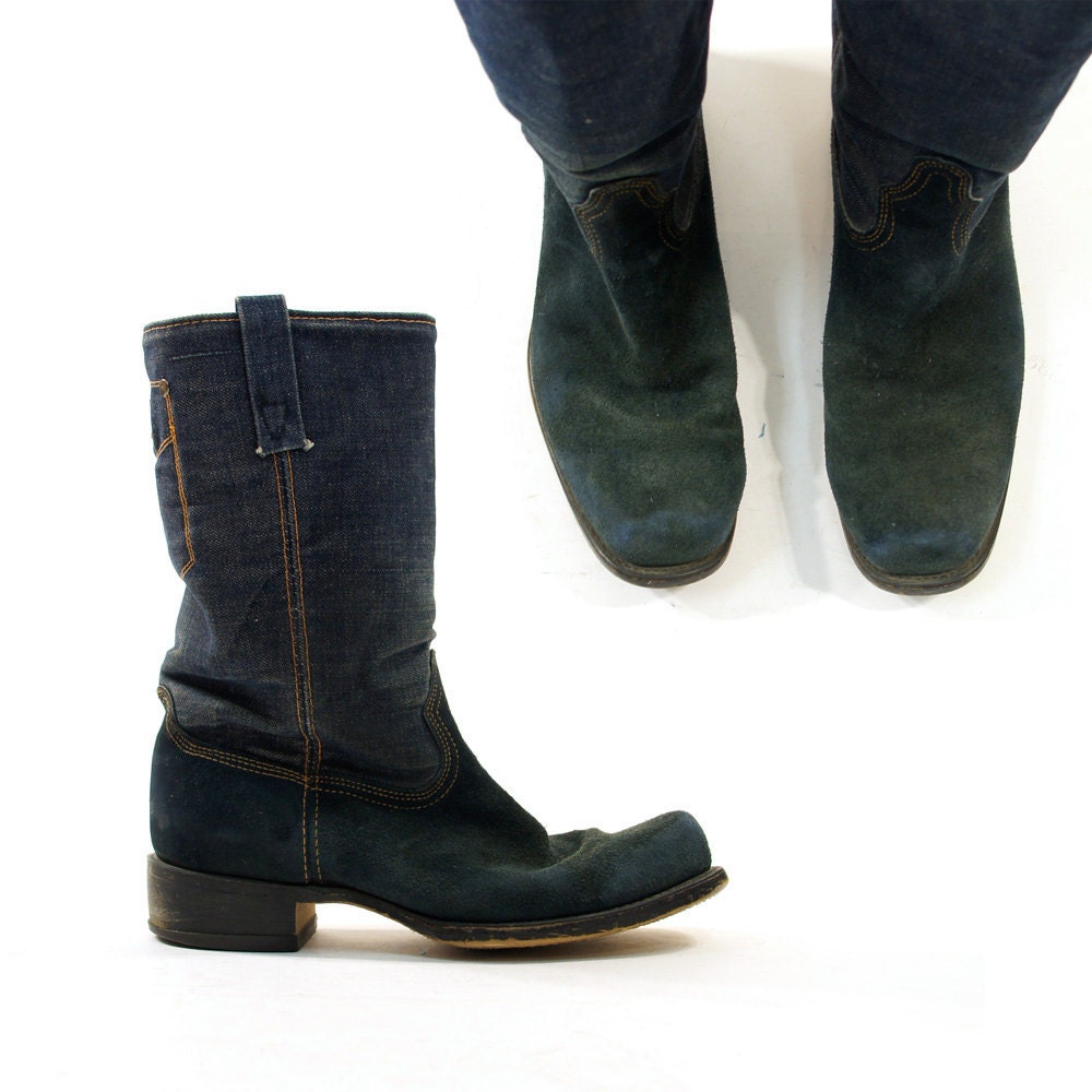 Denim &amp; Blue Suede Square Toe Cowboy / Motorcycle Boots by