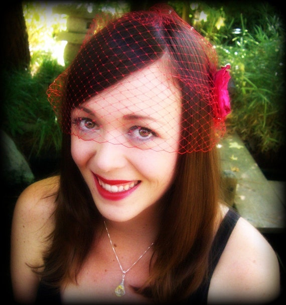 Red Birdcage Veil Bandeau 9 inch Retro Goth Style