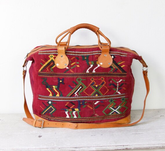 Ethnic Embroidered Textile Travel Bag Leather Vintage