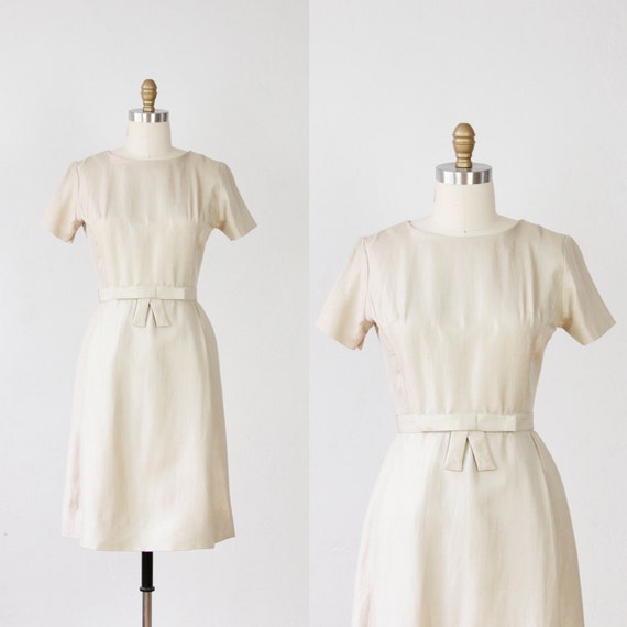 Ecru Tailored Silk Dress with Bow Belt