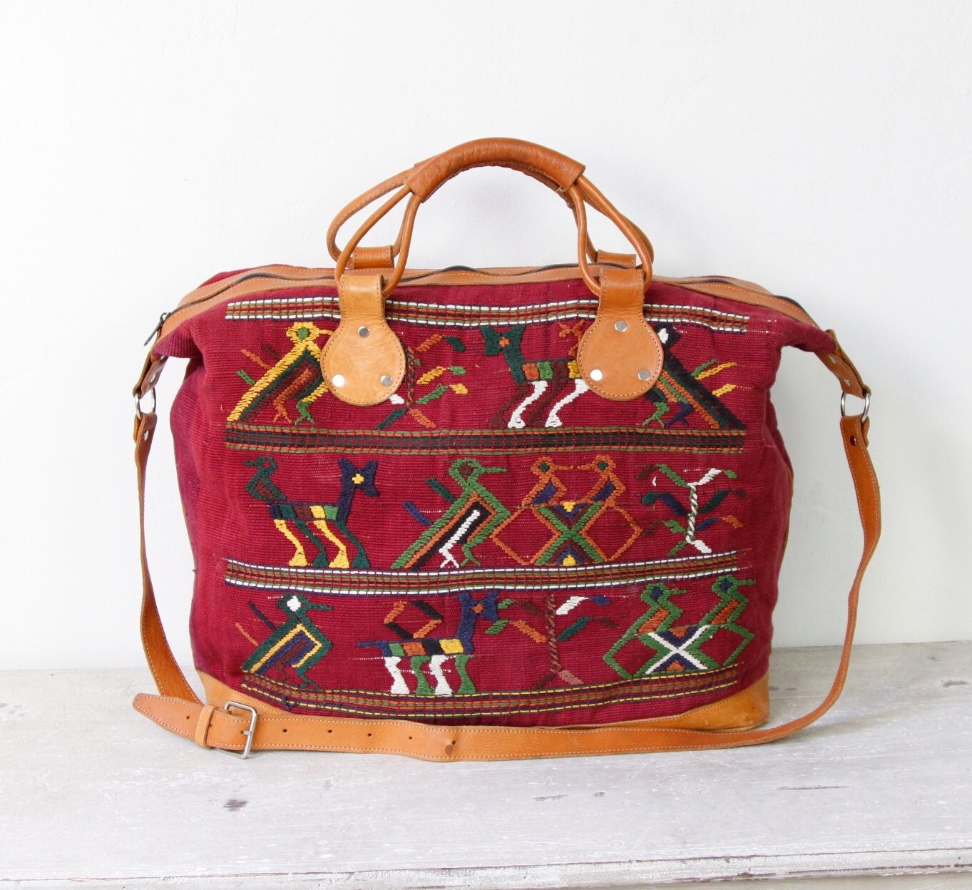 Ethnic Embroidered Textile Travel Bag Leather Vintage